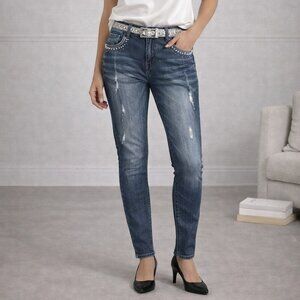 V Cristina size 8 Blue Denim Diamond Rhinstone Sequined Embellished Skinny Jeans